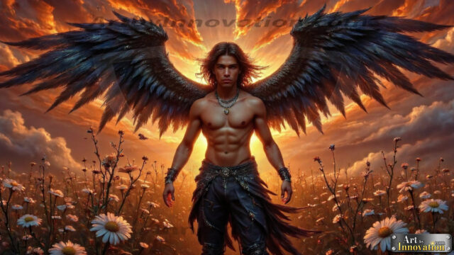 A Dark Angel with huge vibrate feathered wings, enormous and shimmering. Here is a raw, untamed energy that emanates from him. His presence is electrifying, drawing viewers in with his captivating gaze and formidable presence.