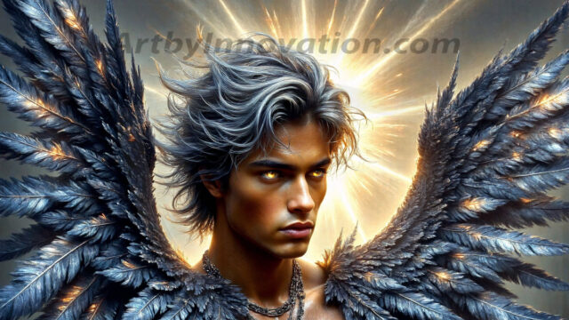 A Dark Angel with huge vibrate feathered wings, enormous and shimmering. Here is a raw, untamed energy that emanates from him. His presence is electrifying, drawing viewers in with his captivating gaze and formidable presence.