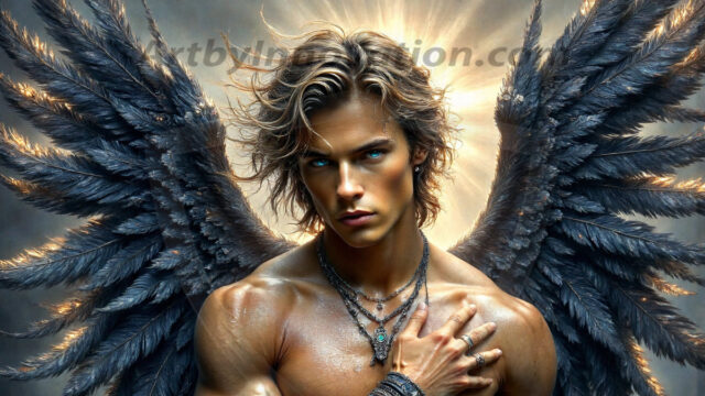 A Dark Angel with huge vibrate feathered wings, enormous and shimmering. Here is a raw, untamed energy that emanates from him. His presence is electrifying, drawing viewers in with his captivating gaze and formidable presence.