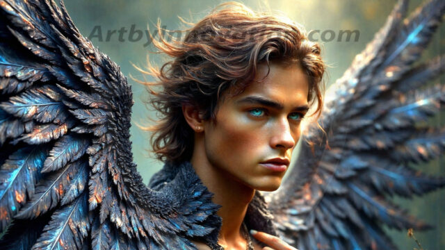 A Dark Angel with huge vibrate feathered wings, enormous and shimmering. Here is a raw, untamed energy that emanates from him. His presence is electrifying, drawing viewers in with his captivating gaze and formidable presence.