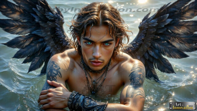 A Dark Angel with huge vibrate feathered wings, enormous and shimmering. Here is a raw, untamed energy that emanates from him. His presence is electrifying, drawing viewers in with his captivating gaze and formidable presence.