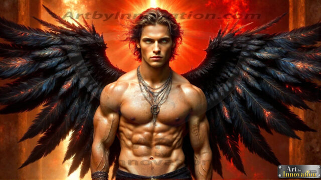 A Dark Angel with huge vibrate feathered wings, enormous and shimmering. Here is a raw, untamed energy that emanates from him. His presence is electrifying, drawing viewers in with his captivating gaze and formidable presence.