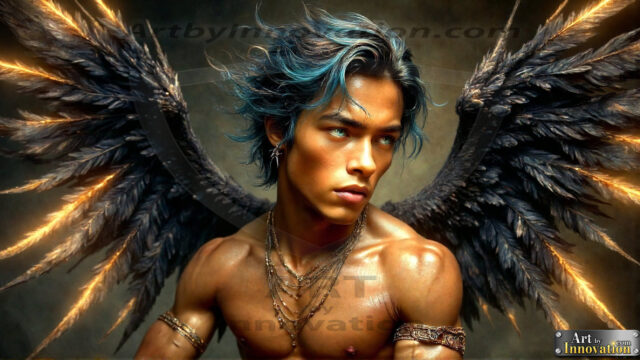 A Dark Angel with huge vibrate feathered wings, enormous and shimmering. Here is a raw, untamed energy that emanates from him. His presence is electrifying, drawing viewers in with his captivating gaze and formidable presence.