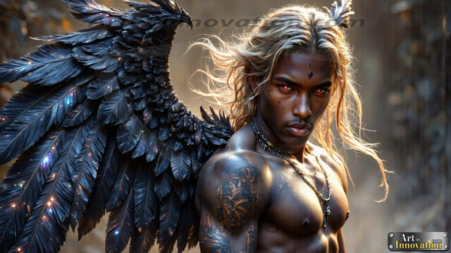 A Dark Angel with huge vibrate feathered wings, enormous and shimmering. Here is a raw, untamed energy that emanates from him. His presence is electrifying, drawing viewers in with his captivating gaze and formidable presence.