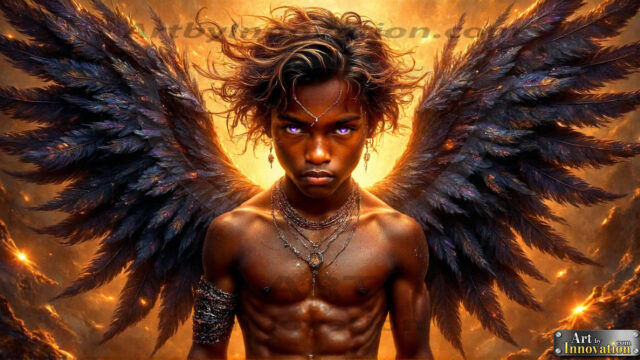 A Dark Angel with huge vibrate feathered wings, enormous and shimmering. Here is a raw, untamed energy that emanates from him. His presence is electrifying, drawing viewers in with his captivating gaze and formidable presence.