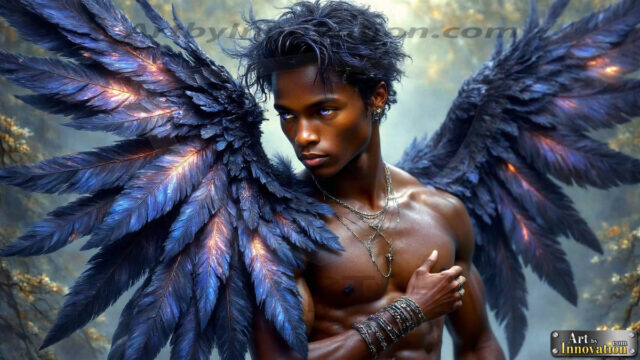 A Dark Angel with huge vibrate feathered wings, enormous and shimmering. Here is a raw, untamed energy that emanates from him. His presence is electrifying, drawing viewers in with his captivating gaze and formidable presence.