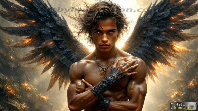 A Dark Angel with huge vibrate feathered wings, enormous and shimmering. Here is a raw, untamed energy that emanates from him. His presence is electrifying, drawing viewers in with his captivating gaze and formidable presence.