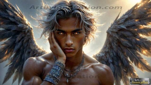A Dark Angel with huge vibrate feathered wings, enormous and shimmering. Here is a raw, untamed energy that emanates from him. His presence is electrifying, drawing viewers in with his captivating gaze and formidable presence.
