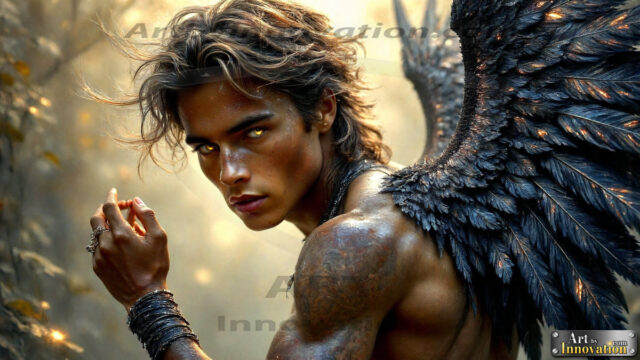 A Dark Angel with huge vibrate feathered wings, enormous and shimmering. Here is a raw, untamed energy that emanates from him. His presence is electrifying, drawing viewers in with his captivating gaze and formidable presence.