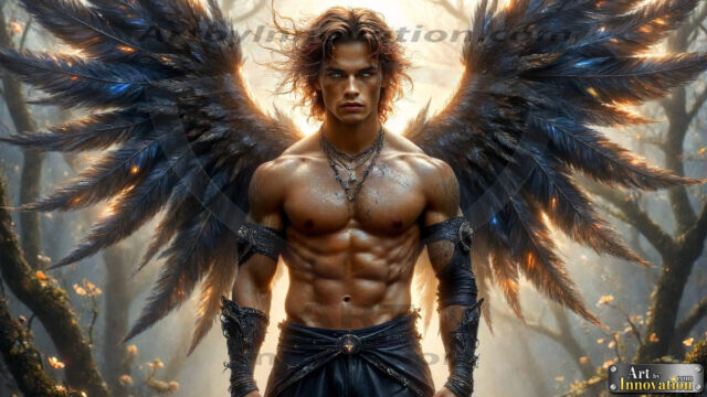 A Dark Angel with huge vibrate feathered wings, enormous and shimmering. Here is a raw, untamed energy that emanates from him. His presence is electrifying, drawing viewers in with his captivating gaze and formidable presence.