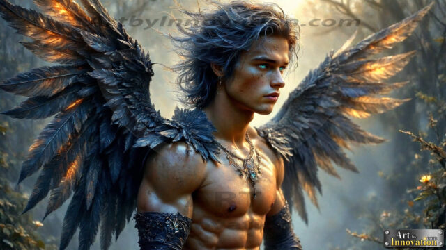 A Dark Angel with huge vibrate feathered wings, enormous and shimmering. Here is a raw, untamed energy that emanates from him. His presence is electrifying, drawing viewers in with his captivating gaze and formidable presence.