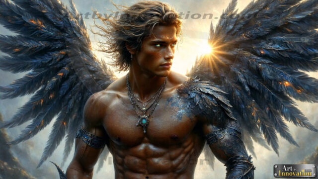 A Dark Angel with huge vibrate feathered wings, enormous and shimmering. Here is a raw, untamed energy that emanates from him. His presence is electrifying, drawing viewers in with his captivating gaze and formidable presence.