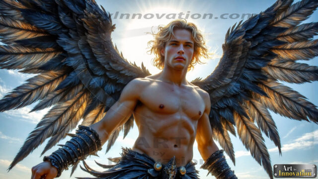A Dark Angel with huge vibrate feathered wings, enormous and shimmering. Here is a raw, untamed energy that emanates from him. His presence is electrifying, drawing viewers in with his captivating gaze and formidable presence.