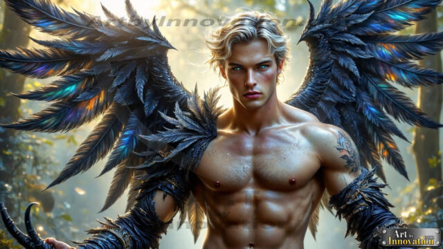 A Dark Angel with huge vibrate feathered wings, enormous and shimmering. Here is a raw, untamed energy that emanates from him. His presence is electrifying, drawing viewers in with his captivating gaze and formidable presence.