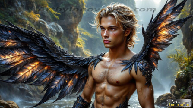 A Dark Angel with huge vibrate feathered wings, enormous and shimmering. Here is a raw, untamed energy that emanates from him. His presence is electrifying, drawing viewers in with his captivating gaze and formidable presence.