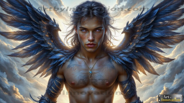 A Dark Angel with huge vibrate feathered wings, enormous and shimmering. Here is a raw, untamed energy that emanates from him. His presence is electrifying, drawing viewers in with his captivating gaze and formidable presence.