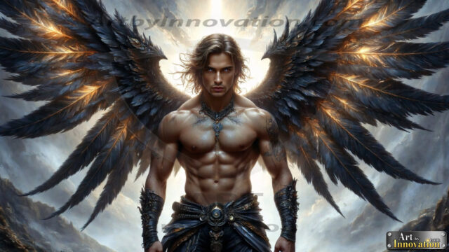 A Dark Angel with huge vibrate feathered wings, enormous and shimmering. Here is a raw, untamed energy that emanates from him. His presence is electrifying, drawing viewers in with his captivating gaze and formidable presence.
