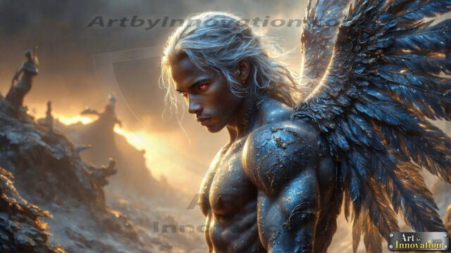 A Dark Angel with huge vibrate feathered wings, enormous and shimmering. Here is a raw, untamed energy that emanates from him. His presence is electrifying, drawing viewers in with his captivating gaze and formidable presence.
