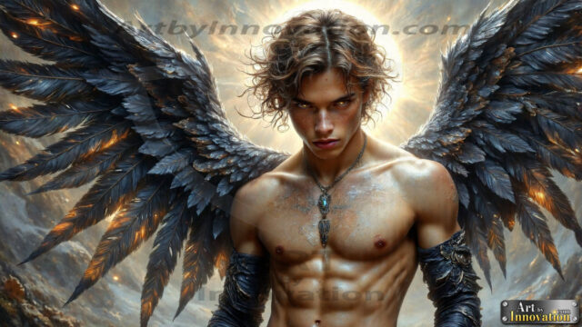 A Dark Angel with huge vibrate feathered wings, enormous and shimmering. Here is a raw, untamed energy that emanates from him. His presence is electrifying, drawing viewers in with his captivating gaze and formidable presence.