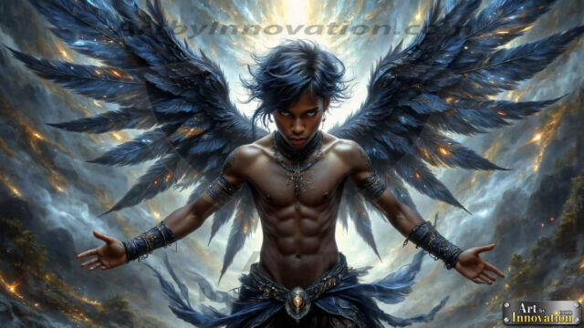 A Dark Angel with huge vibrate feathered wings, enormous and shimmering. Here is a raw, untamed energy that emanates from him. His presence is electrifying, drawing viewers in with his captivating gaze and formidable presence.