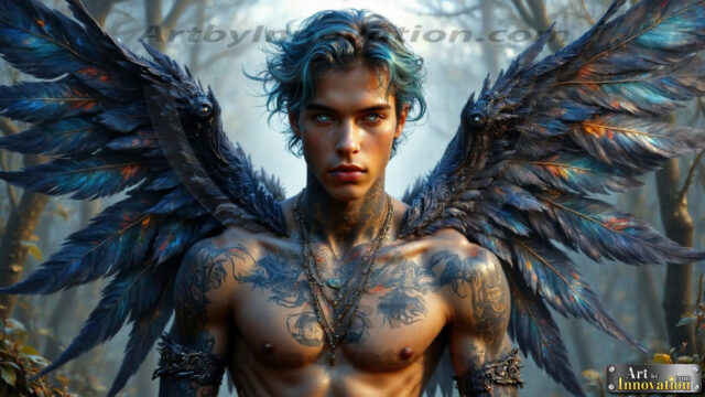 A Dark Angel with huge vibrate feathered wings, enormous and shimmering. Here is a raw, untamed energy that emanates from him. His presence is electrifying, drawing viewers in with his captivating gaze and formidable presence.