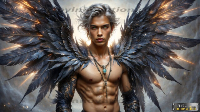 A Dark Angel with huge vibrate feathered wings, enormous and shimmering. Here is a raw, untamed energy that emanates from him. His presence is electrifying, drawing viewers in with his captivating gaze and formidable presence.