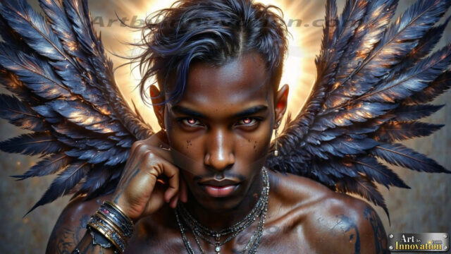 A Dark Angel with huge vibrate feathered wings, enormous and shimmering. Here is a raw, untamed energy that emanates from him. His presence is electrifying, drawing viewers in with his captivating gaze and formidable presence.