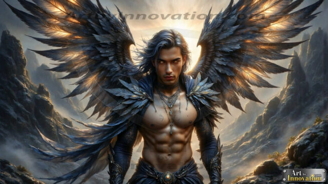 A Dark Angel with huge vibrate feathered wings, enormous and shimmering. Here is a raw, untamed energy that emanates from him. His presence is electrifying, drawing viewers in with his captivating gaze and formidable presence.
