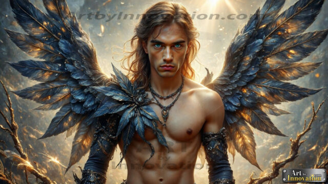A Dark Angel with huge vibrate feathered wings, enormous and shimmering. Here is a raw, untamed energy that emanates from him. His presence is electrifying, drawing viewers in with his captivating gaze and formidable presence.
