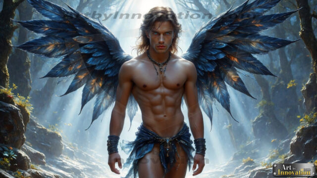 A Dark Angel with huge vibrate feathered wings, enormous and shimmering. Here is a raw, untamed energy that emanates from him. His presence is electrifying, drawing viewers in with his captivating gaze and formidable presence.