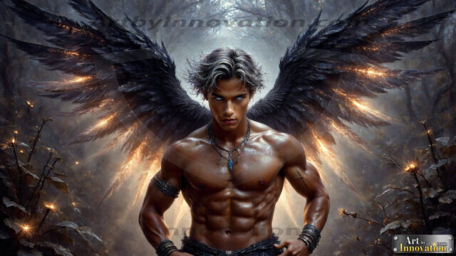A Dark Angel with huge vibrate feathered wings, enormous and shimmering. Here is a raw, untamed energy that emanates from him. His presence is electrifying, drawing viewers in with his captivating gaze and formidable presence.