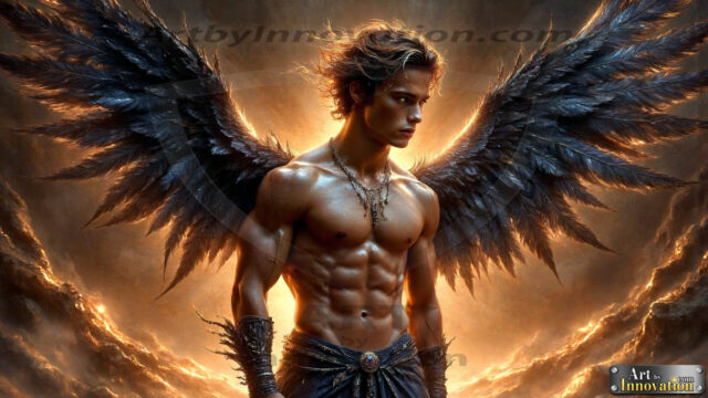 A Dark Angel with huge vibrate feathered wings, enormous and shimmering. Here is a raw, untamed energy that emanates from him. His presence is electrifying, drawing viewers in with his captivating gaze and formidable presence.