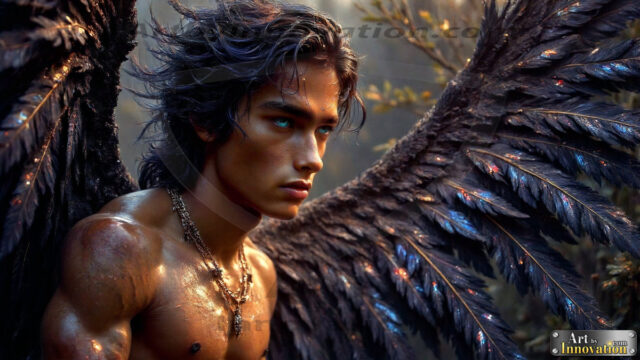 A Dark Angel with huge vibrate feathered wings, enormous and shimmering. Here is a raw, untamed energy that emanates from him. His presence is electrifying, drawing viewers in with his captivating gaze and formidable presence.