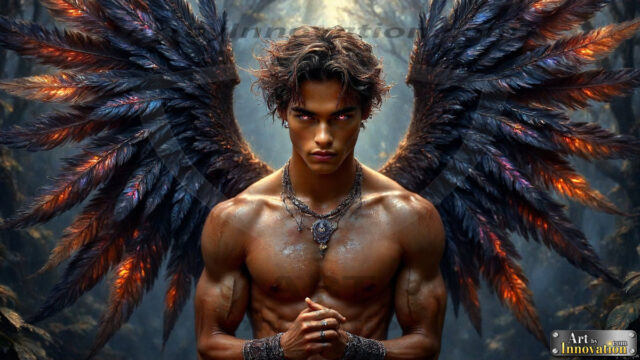 A Dark Angel with huge vibrate feathered wings, enormous and shimmering. Here is a raw, untamed energy that emanates from him. His presence is electrifying, drawing viewers in with his captivating gaze and formidable presence.