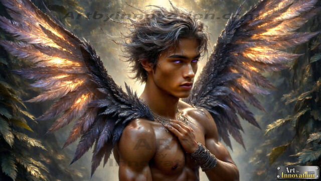 A Dark Angel with huge vibrate feathered wings, enormous and shimmering. Here is a raw, untamed energy that emanates from him. His presence is electrifying, drawing viewers in with his captivating gaze and formidable presence.