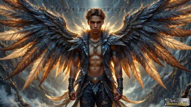 A Dark Angel with huge vibrate feathered wings, enormous and shimmering. Here is a raw, untamed energy that emanates from him. His presence is electrifying, drawing viewers in with his captivating gaze and formidable presence.