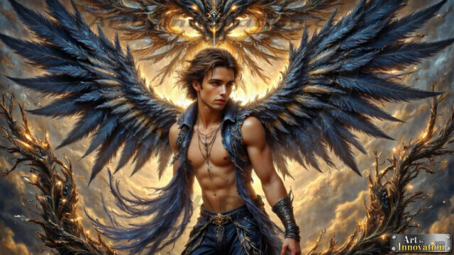 A Dark Angel with huge vibrate feathered wings, enormous and shimmering. Here is a raw, untamed energy that emanates from him. His presence is electrifying, drawing viewers in with his captivating gaze and formidable presence.