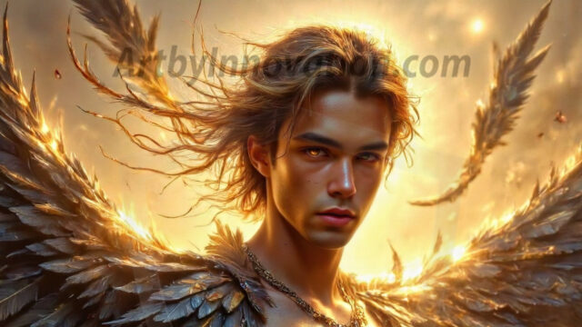 A Dark Angel with huge vibrate feathered wings, enormous and shimmering. Here is a raw, untamed energy that emanates from him. His presence is electrifying, drawing viewers in with his captivating gaze and formidable presence.