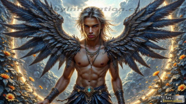 A Dark Angel with huge vibrate feathered wings, enormous and shimmering. Here is a raw, untamed energy that emanates from him. His presence is electrifying, drawing viewers in with his captivating gaze and formidable presence.