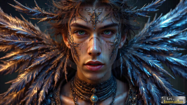 A Dark Angel with huge vibrate feathered wings, enormous and shimmering. Here is a raw, untamed energy that emanates from him. His presence is electrifying, drawing viewers in with his captivating gaze and formidable presence.