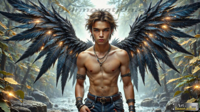 A Dark Angel with huge vibrate feathered wings, enormous and shimmering. Here is a raw, untamed energy that emanates from him. His presence is electrifying, drawing viewers in with his captivating gaze and formidable presence.