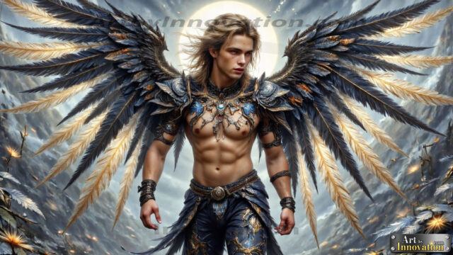 A Dark Angel with huge vibrate feathered wings, enormous and shimmering. Here is a raw, untamed energy that emanates from him. His presence is electrifying, drawing viewers in with his captivating gaze and formidable presence.