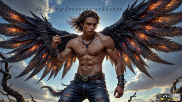 A Dark Angel with huge vibrate feathered wings, enormous and shimmering. Here is a raw, untamed energy that emanates from him. His presence is electrifying, drawing viewers in with his captivating gaze and formidable presence.