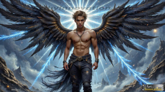 A Dark Angel with huge vibrate feathered wings, enormous and shimmering. Here is a raw, untamed energy that emanates from him. His presence is electrifying, drawing viewers in with his captivating gaze and formidable presence.