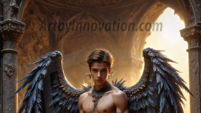 A Dark Angel with huge vibrate feathered wings, enormous and shimmering. Here is a raw, untamed energy that emanates from him. His presence is electrifying, drawing viewers in with his captivating gaze and formidable presence.