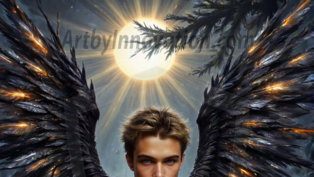 A Dark Angel with huge vibrate feathered wings, enormous and shimmering. Here is a raw, untamed energy that emanates from him. His presence is electrifying, drawing viewers in with his captivating gaze and formidable presence.