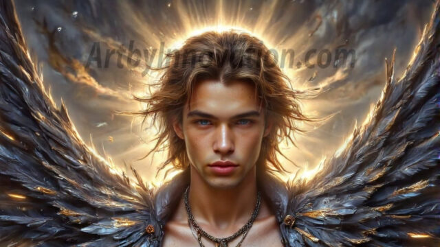 A Dark Angel with huge vibrate feathered wings, enormous and shimmering. Here is a raw, untamed energy that emanates from him. His presence is electrifying, drawing viewers in with his captivating gaze and formidable presence.