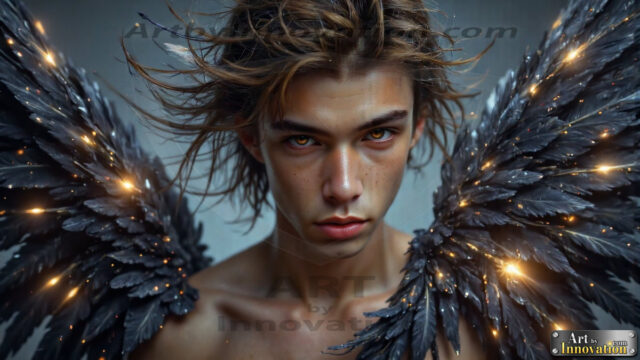 A Dark Angel with huge vibrate feathered wings, enormous and shimmering. Here is a raw, untamed energy that emanates from him. His presence is electrifying, drawing viewers in with his captivating gaze and formidable presence.