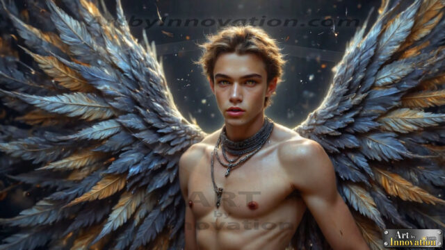 A Dark Angel with huge vibrate feathered wings, enormous and shimmering. Here is a raw, untamed energy that emanates from him. His presence is electrifying, drawing viewers in with his captivating gaze and formidable presence.