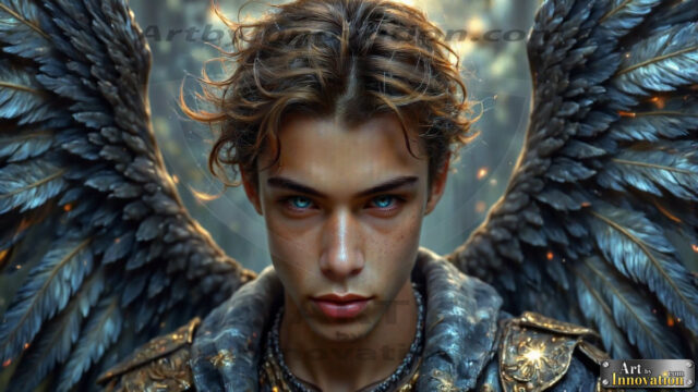 A Dark Angel with huge vibrate feathered wings, enormous and shimmering. Here is a raw, untamed energy that emanates from him. His presence is electrifying, drawing viewers in with his captivating gaze and formidable presence.